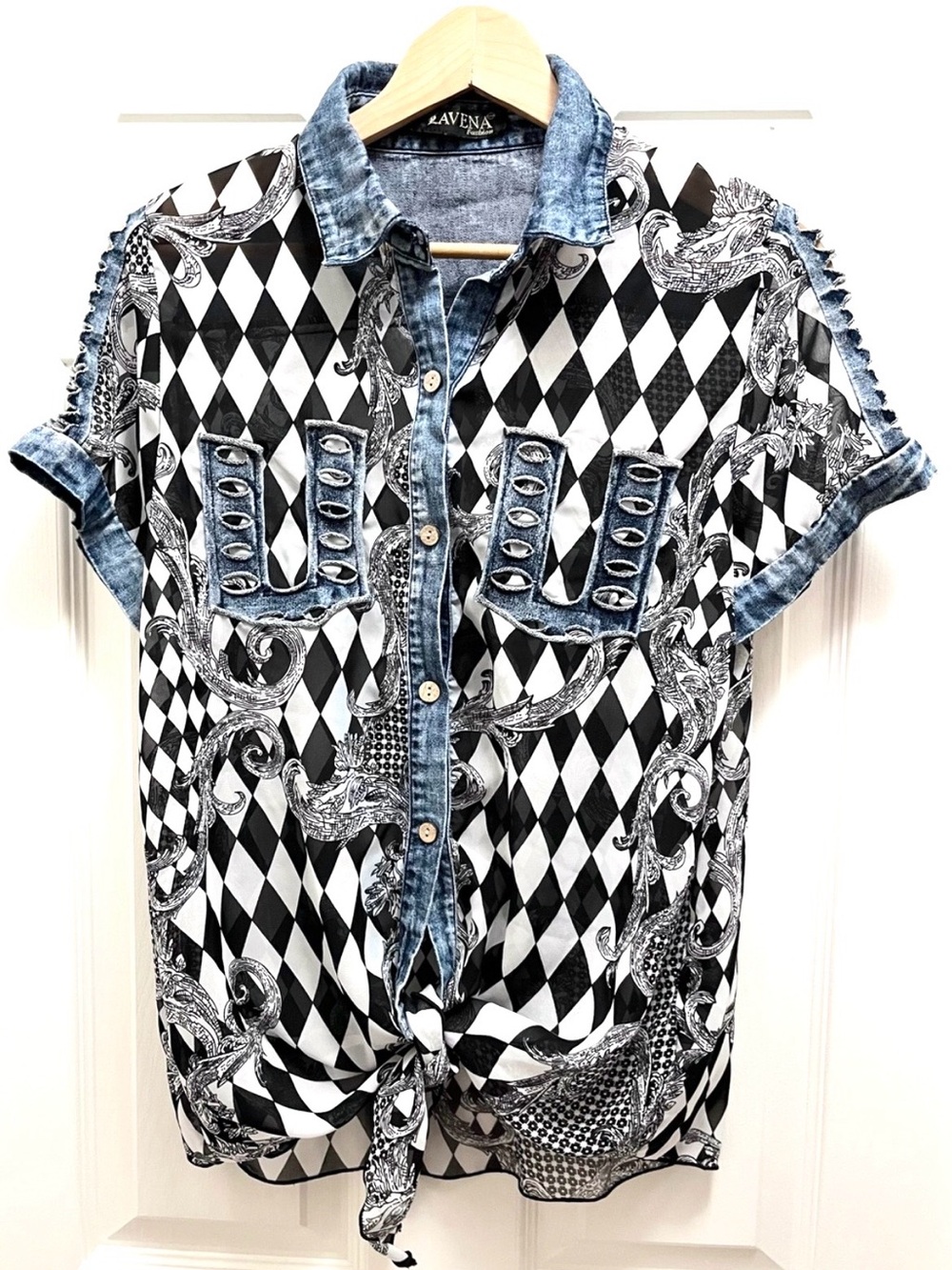 Sheer Button Front Blouse Denim Trim Tie Front Cutout Y2K Western